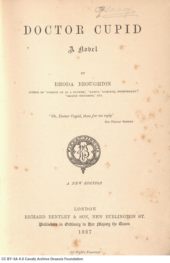 19 x 13 cm; 6 s.p. + 403 p. + 3 s.p., l. 2 half-title page and bookplate CPC on recto and motto on verso, l. 3 title page, mo